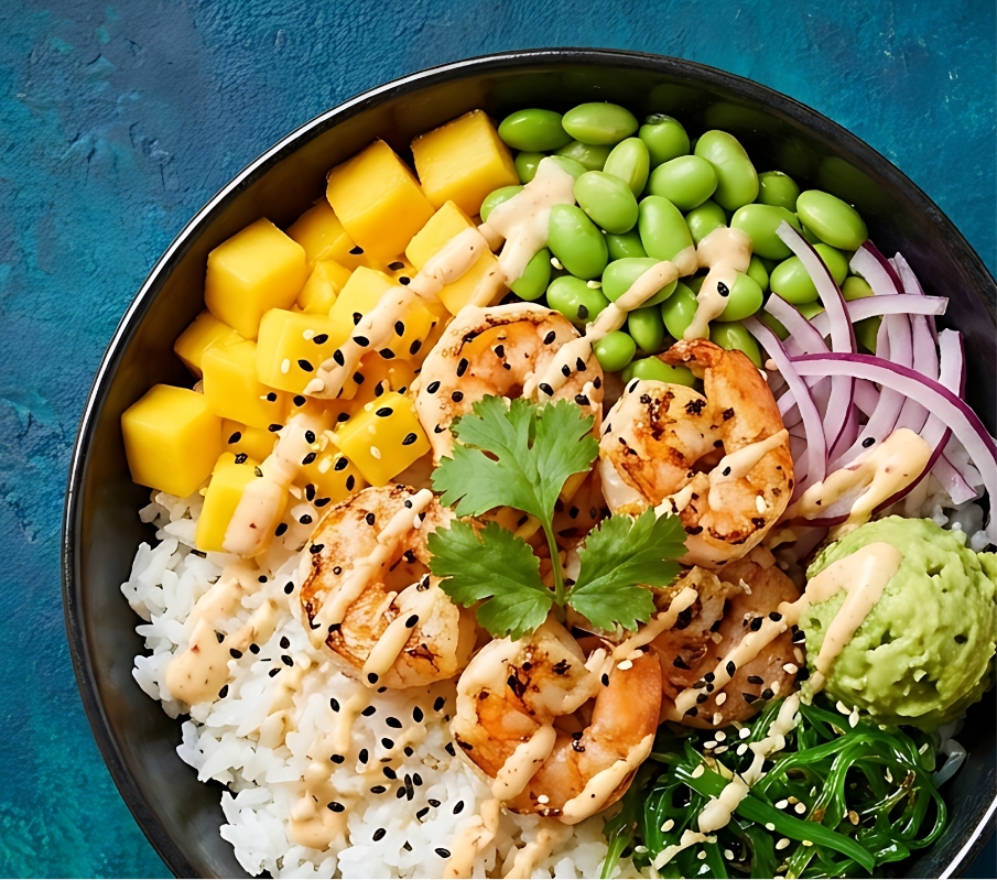 Shrimp poke bowl with mango and edamame