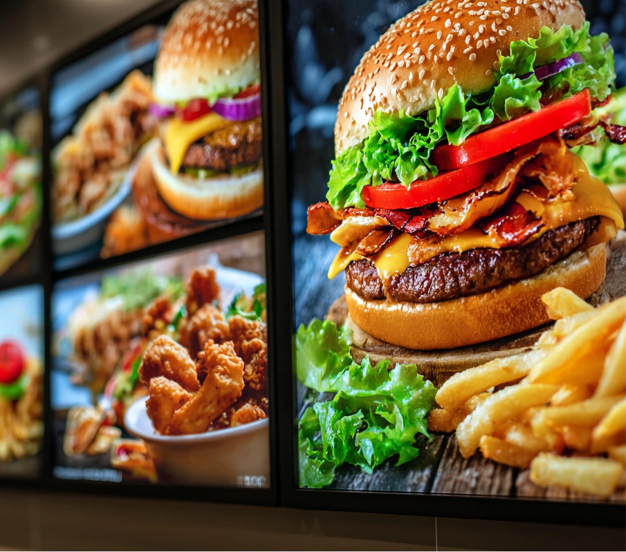 Digital menu board with burgers and fried chicken