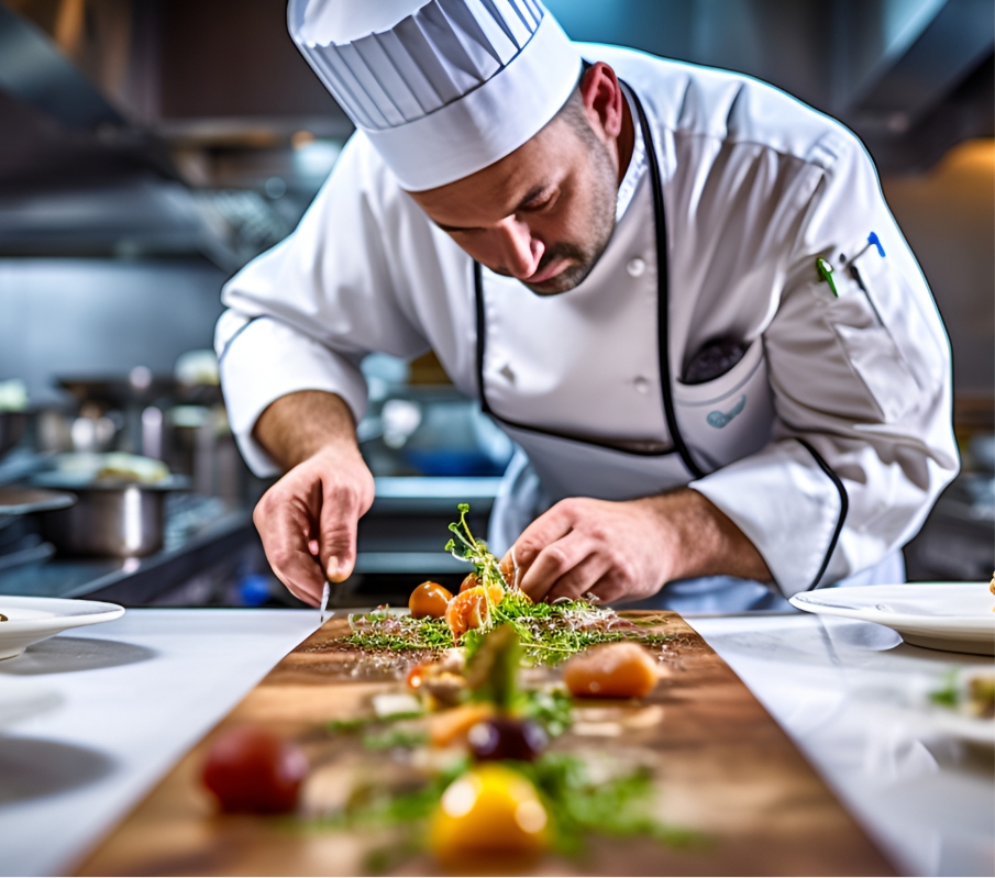Chef plating a dish in the kitchen