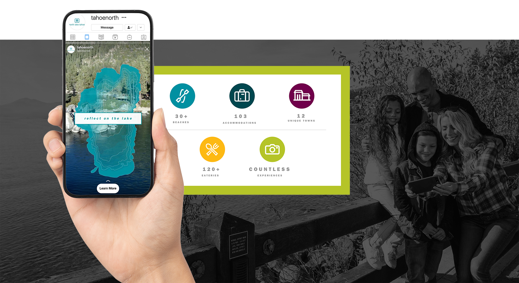 A hand holds a smartphone displaying the North Lake Tahoe website, alongside a photo of a family.