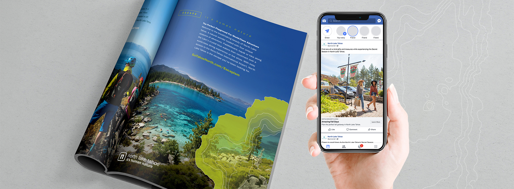 An open magazine article showing North Lake Tahoe creative with a phone placed in the center of the page showcasing a social post.